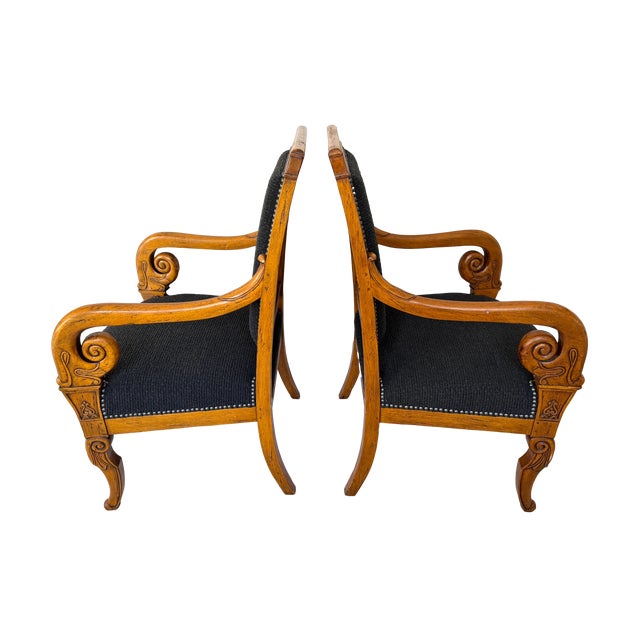 Wood Antique 19th C Biedermeier Armchairs in Walnut & Black Boucle - A Pair For Sale - Image 7 of 11