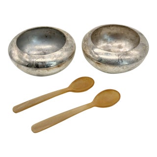 Silver-Plated Sugar Bowls With Carved Horn Spoons Engraved "K"- Pair For Sale