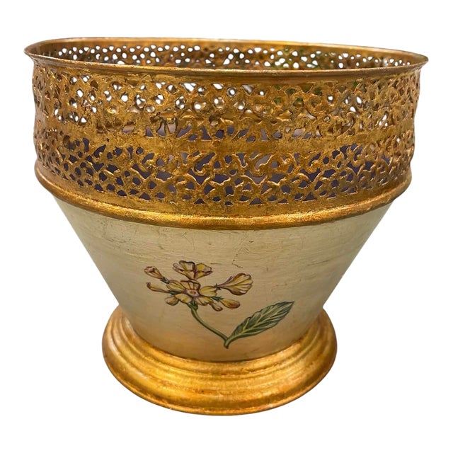 Vintage Hand-Painted Toleware Cache-Pot With Gilt Reticulated Gallery For Sale