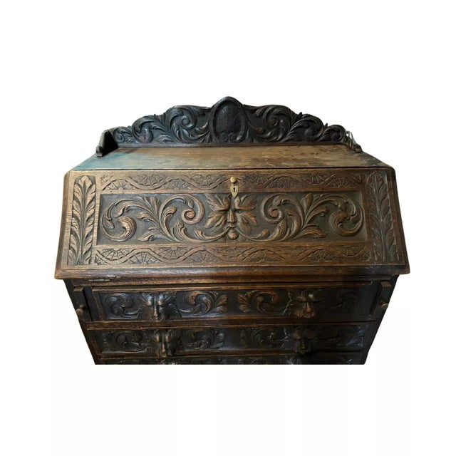 Carved Oak, Georgian, English, Slant Drop, 1800s Antique Secretaire, Desk, For Sale - Image 4 of 8