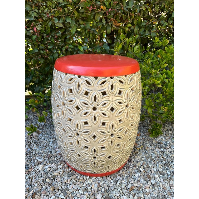 Mid-Century Modern Orange Top Ceramic Detailed Garden Stool or Side Table For Sale - Image 3 of 13