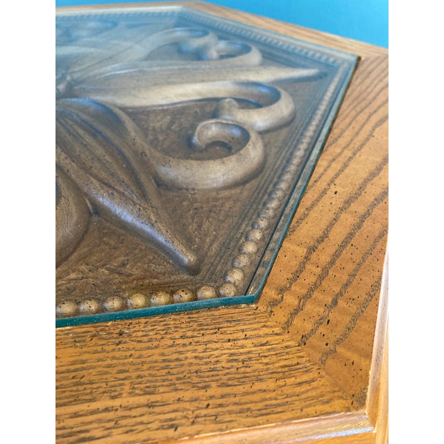 Vintage Hexagonal Wood & Glass Accent Table With Carved Top For Sale - Image 10 of 10