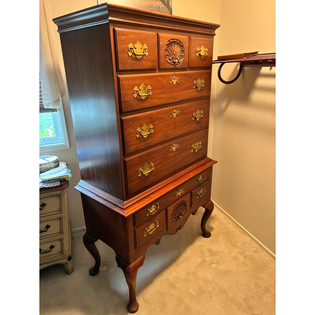 Excellent example of an original owner Wild Black Cherry Highboy from Virginia Galleries. Two piece, 10 drawer dresser...