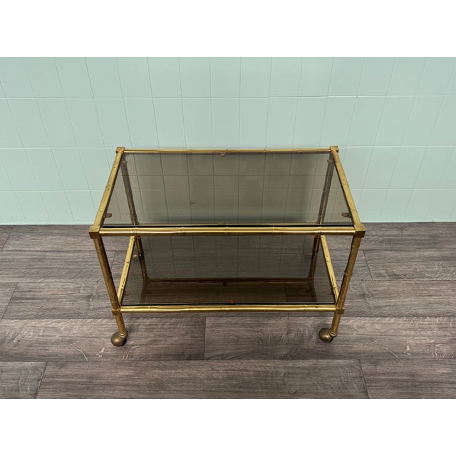 Metal Italian Trolley in Faux Bamboo Brass and Smoked Glass Tops, 1970s For Sale - Image 7 of 10