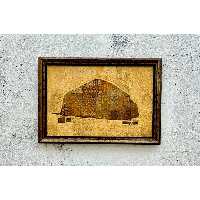 This abstract painting presents a textured, earth-toned form that resembles a shelter, mound, or organic structure,...