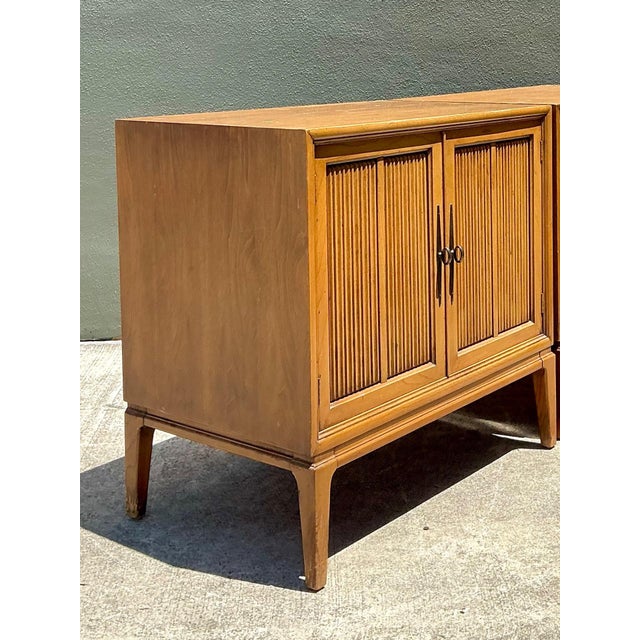 Mid-Century Modern Vintage MCM Wood Cabinets With Grooved Doors - Pair For Sale - Image 3 of 15