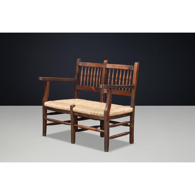 French Patinated Beech and Rush 2-Seat Bench, France, 1950s For Sale - Image 3 of 11