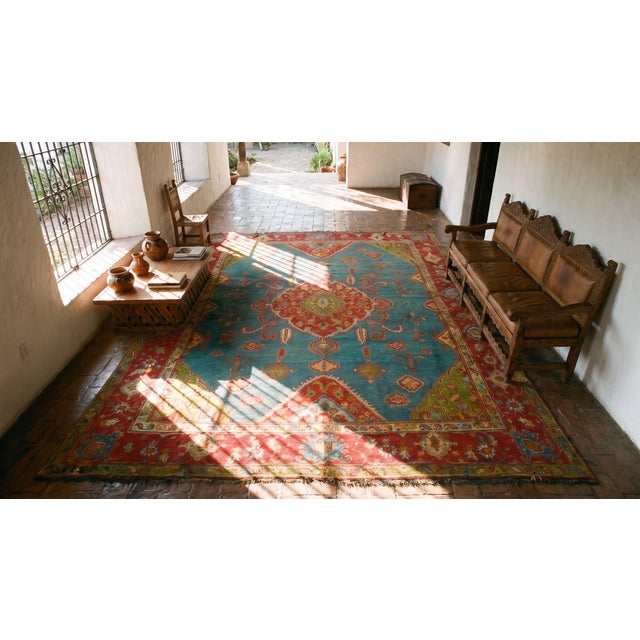 Excellent Teal-Turquoise Color With Unique Medallion Design Antique Turkish Oushak Rug For Sale - Image 15 of 15