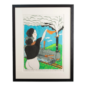 1970s Vintage Listed Artist Mayumi Oda "Victorian Invention the Locomotive" Hand-Pulled Original Serigraph Japanese Artist-Signed