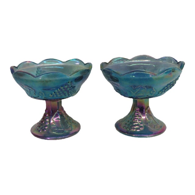 Indiana Carnival Glass Harvest Grape Blue Iridescent Candle Holders a Pair For Sale