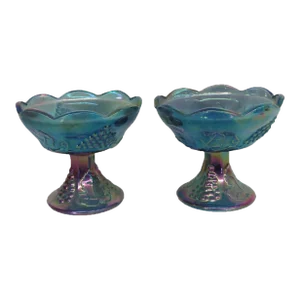 Indiana Carnival Glass Harvest Grape Blue Iridescent Candle Holders a Pair