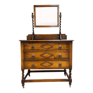 Antique Barley Twist Tiger Oak Dresser With Swivel Mirror