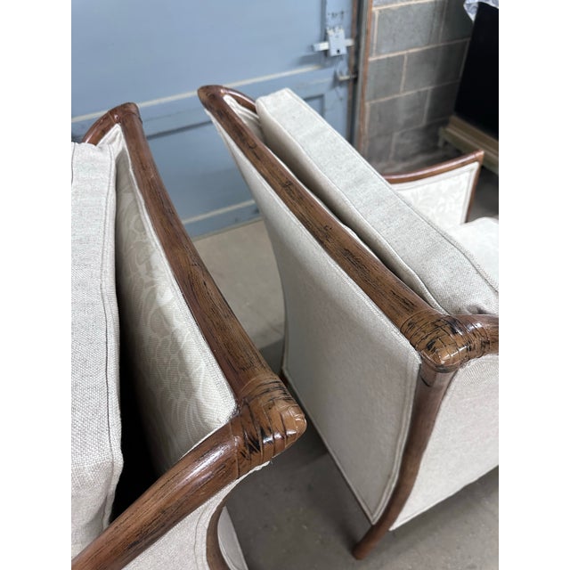 Beige McGuire Style Rattan Armchairs, Walnut Finish and Neutral Upholstery, a Pair For Sale - Image 8 of 8