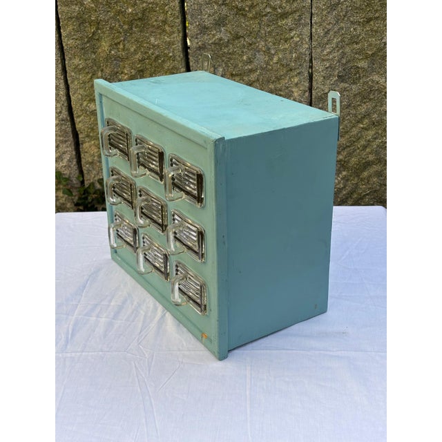 Small Wall Shelf in Turquoise Lacquered Wood with 9 Glass Bins, 1960s, Set of 10 For Sale - Image 6 of 11