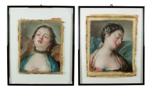Pietro Antonio Rotari, Blue-Eyed Brunette & Young Sleeping Girl, Pastel Drawings on Paper, Framed, Set of 2