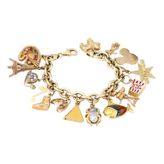 Vintage Charms Chain Bracelet 14k 18k Gold Diamond Enamel Gems 6"L For Sale