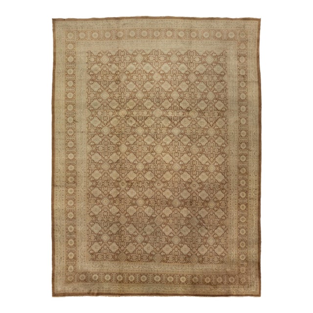 Brown and Beige Antique Geometric Designed Persian Tabriz Rug For Sale