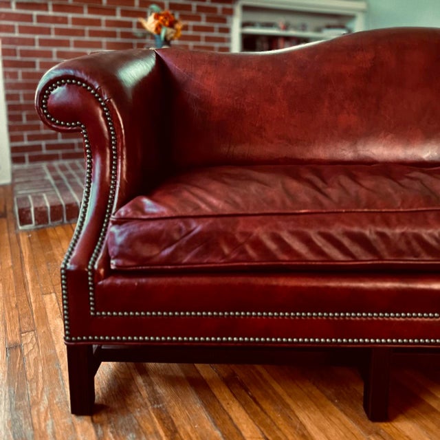 Mid 20th Century Mid 20th Century Gunlocke Oxblood Leather Camelback Sofa With Nailhead Trim For Sale - Image 5 of 13