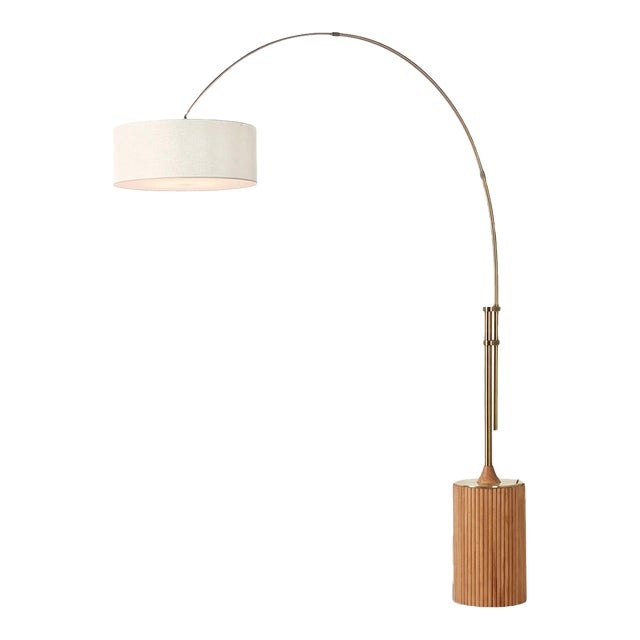 Tambo 92"h 1-Light Arc Lamp, White Linen Shade, Light Wood Base, Weathered Brass, Dimmable, for Living Room or Bedroom For Sale