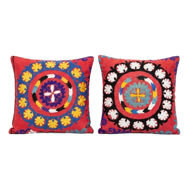 Folk Art Suzani Pillow Cover 20'' X 20'' - Set of Two For Sale