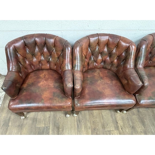 Vintage Faux Leather Tufted Chesterfield Rolling Club Arm Chairs For Sale - Image 4 of 11