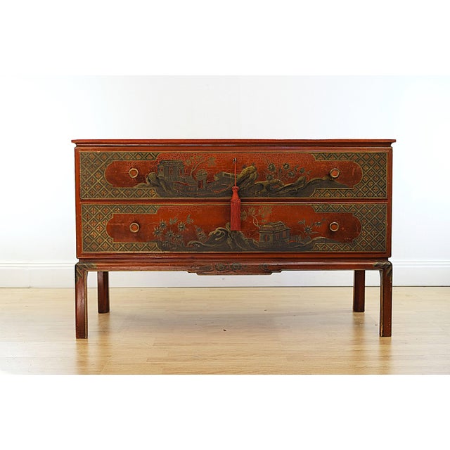 Red Large Chest with Hand-Painted Red, Gold and Bronze Chinoiserie Motif, Sweden, 1920s For Sale - Image 8 of 8