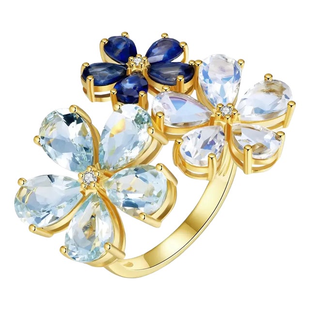 Nina Zhou Aquamarine Moonstone Sapphire Diamond Flower Blossom Cocktail Ring in 14k Yellow Gold, size 9 For Sale