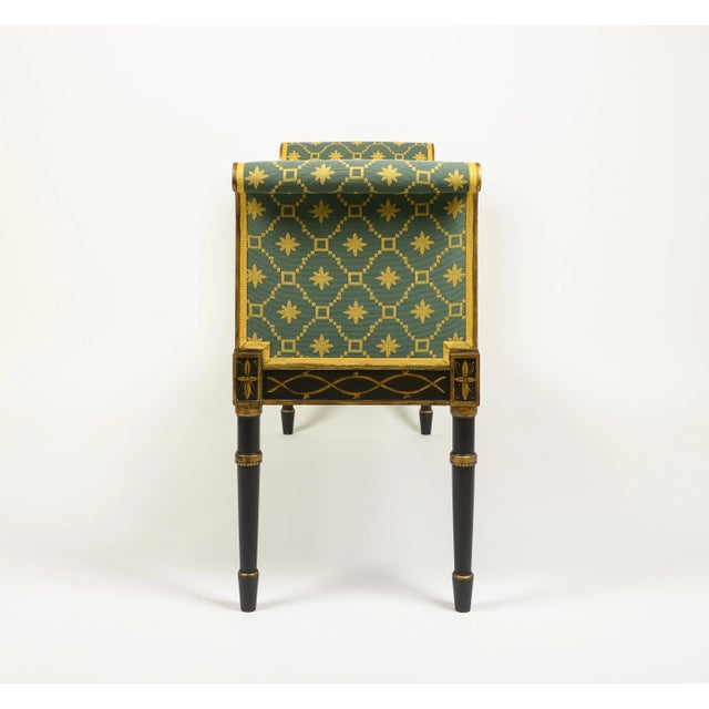 Hepplewhite A Hepplewhite Style Black and Ochre Painted Upholstered Window Bench For Sale - Image 3 of 9