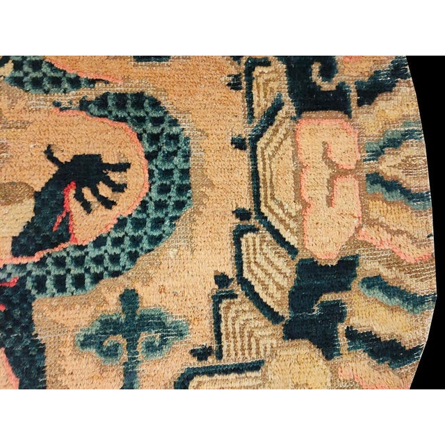 19th Century W. Chinese Round Ningxia Dragon Carpet 4' x 4' Antique Geometric Medallion Hand Knotted Pile Ivory Beige...