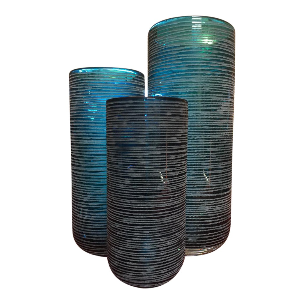 Etched Aqua Blue Vases Set Of 3 Chairish