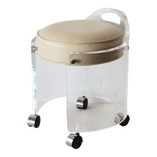 Charles Hill Jones Style Vintage Lucite Round Vanity Stool on Casters For Sale