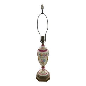 Antique Late 19th Century Victorian Dresden Flowers Style Table Lamp With Reticulated Brass Base