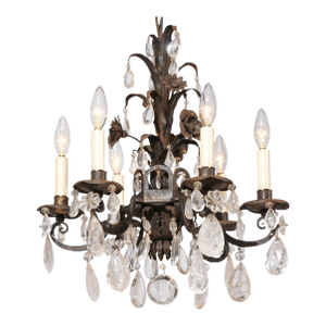 Early 20th C. Italian Wrought Iron & Rock Crystal 6-Light Chandelier