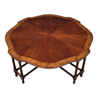 Mid 20th Century Vintage Faux Bamboo Burl Crossbanded Scalloped Top Cocktail Table For Sale