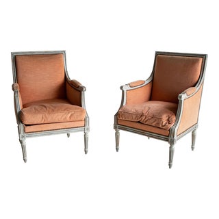 19th Century Pair of Blue Painted French Bergere Chairs For Sale