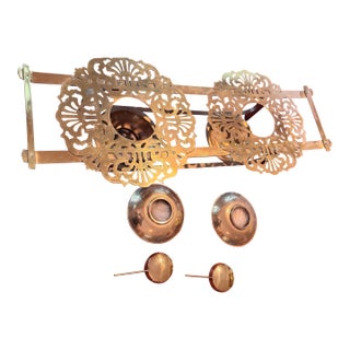 Late 19th Century Ornate Brass Chafing Dish With Filigree Warming Plates and Flame Snuffer - 5pcs For Sale