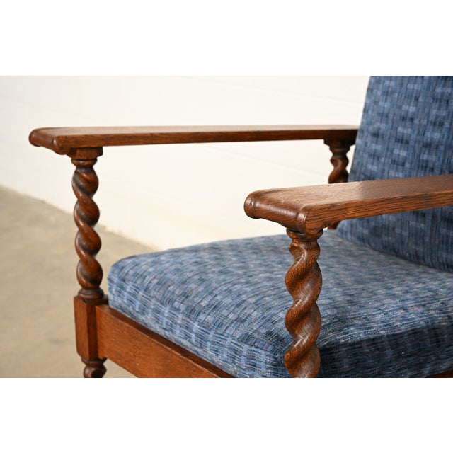 Stickley Brothers Antique Arts & Crafts Carved Oak Barley Twist Lounge Chair With Ottoman, Circa 1920s For Sale - Image 10 of 17