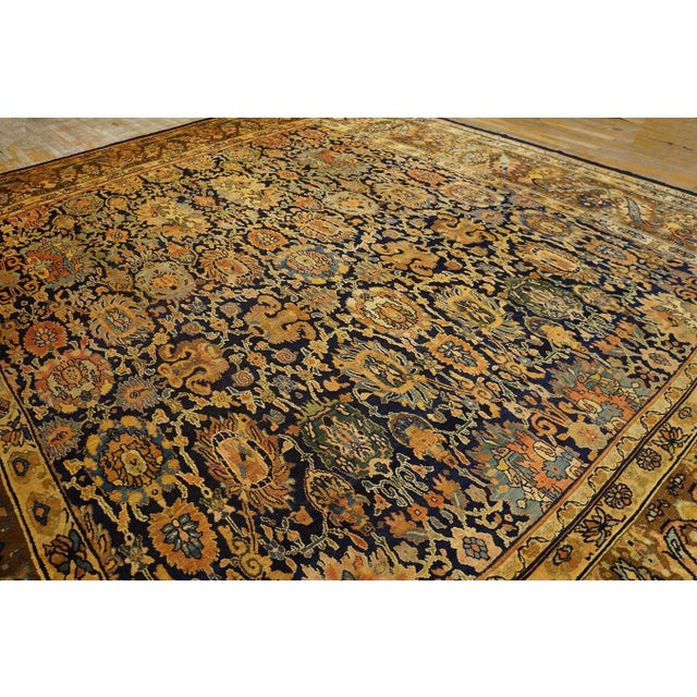 1880s Blue Navy Floral Traditional Antique Persian Bibikabad Rug 12'4'' X 14'2'' Hand Knotted Wool Carpet For Sale - Image 12 of 18