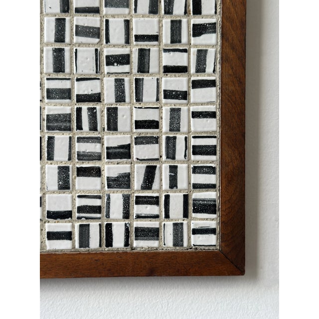 Vintage Black + White Glazed Ceramic Tile Artwork in Teak Frame, Circa 1950s For Sale - Image 13 of 14