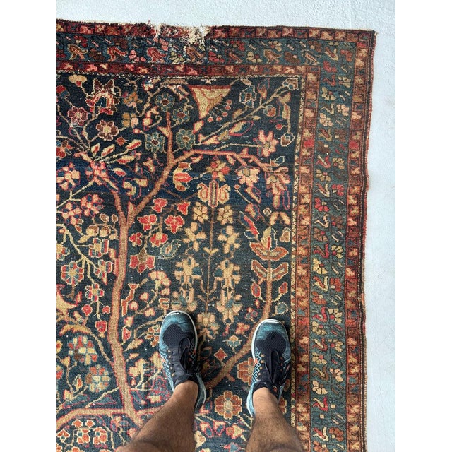 Persian 1930s Growing Tree of Life Deep Navy, Rusty, Camel with Hidden Bird Rug 4.6 x 6.8 For Sale - Image 3 of 11