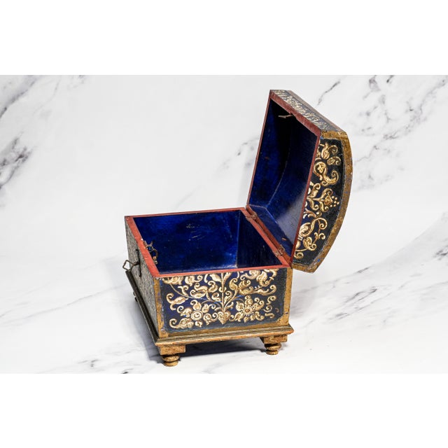 Blue Striking Hand Painted Antique Domed Wood Casket Box With Key Madonna and Child Religious Scene For Sale - Image 8 of 18