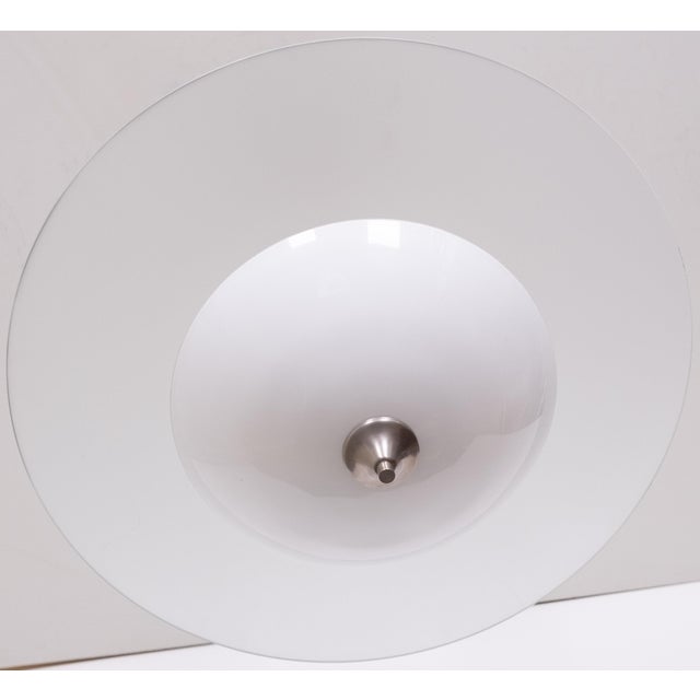 Beautiful Art Deco pendant lamp .Nickel upright ,comes with A Opaline Glass shade ,with large Glass disk . 2 large E27...