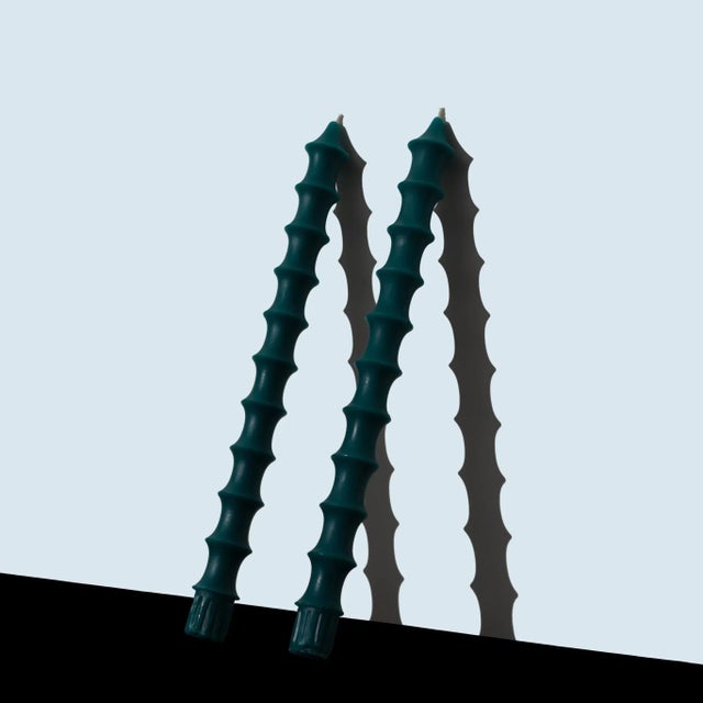 Bamboo Taper Candles in Peacock Green - a Pair For Sale - Image 4 of 4