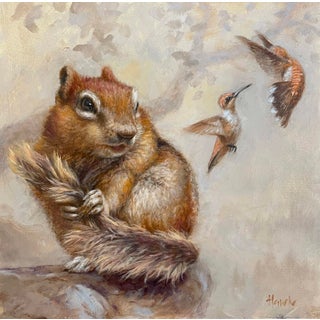 Spectator by Dana Hawk | Oil and copper leaf panel Squirrel with hummingbirds in a natural setting For Sale