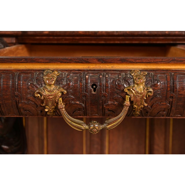 Wood R. J. Horner Renaissance Revival Ornate Carved Oak Sideboard or Bar Cabinet, Circa 1880s For Sale - Image 7 of 17