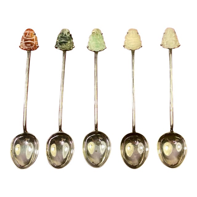 1940s Pure Sterling Silver Antique Set of 5 Spoons W Jade Buddhas 3 3/4” - 5pcs For Sale