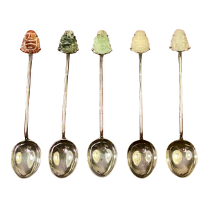 1940s Pure Sterling Silver Antique Set of 5 Spoons W Jade Buddhas 3 3/4” - 5pcs
