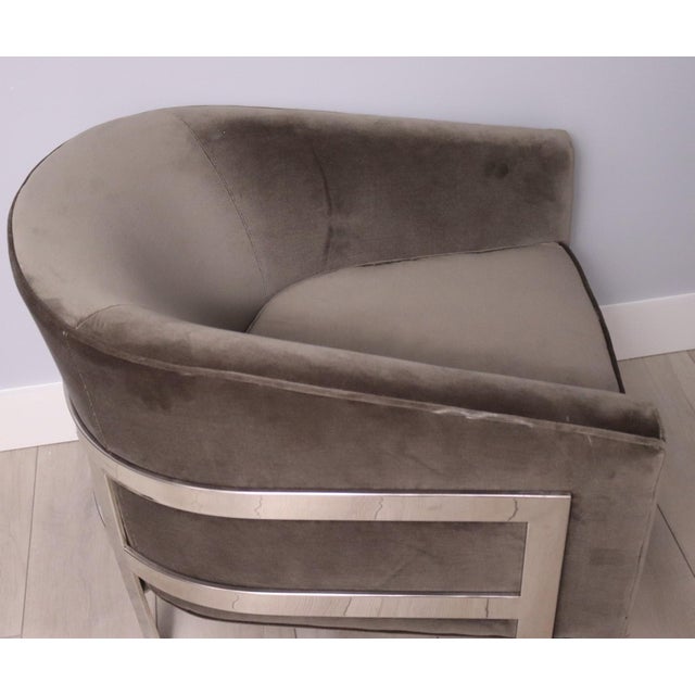 Pair of Mitchell Gold + Bob Williams Avery Velvet and Stainless Steel Barrel Chairs - Postmodern Hollywood Regency Lounge Seating For Sale - Image 10 of 17