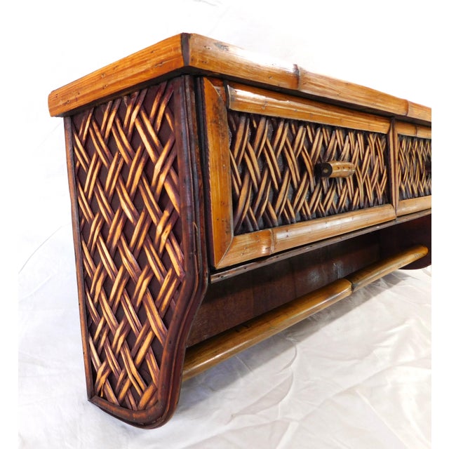 Late 20th Century Vintage Rattan and Bamboo Two Drawer Wall Shelf With Towel Rack For Sale - Image 5 of 7