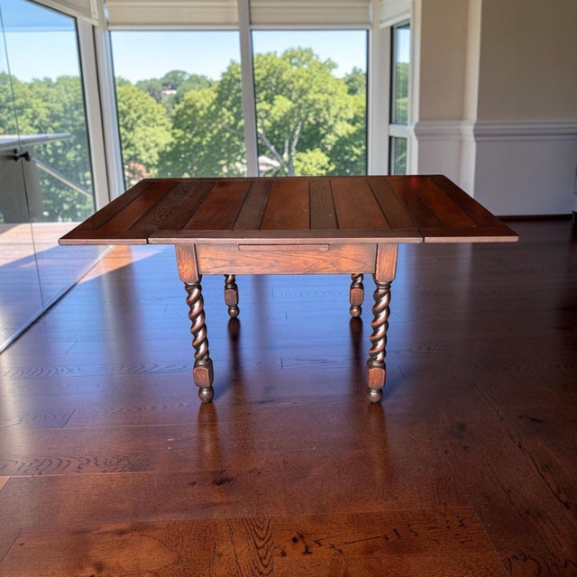 Vintage 1930s Jacobean Solid Oak Barley Twist Draw Leaf Dining Table Completely Restored. For Sale - Image 11 of 12